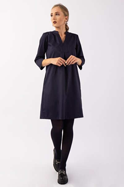 Bold & Young Rochie de damă cu mâneci 3/4 cu buzunare material elastic din țesătură din satin de bumbac, albastru închis