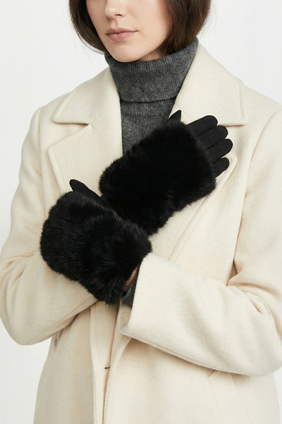 robanu Kadın Siyah Kürklü Süet Dokulu Lüks Kışlık Eldiven