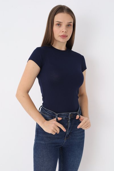 SIR İç Giyim Women's Navy Blue Short Sleeve Crew Neck Bodysuit
