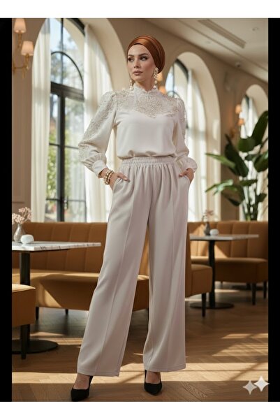 Butik Kadın yüksek bel geniş paça beli lastikli pantalon