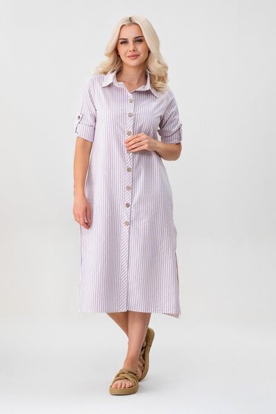 Bold & Young فستان قميص نسائي بأزرار من القطن مخطط بجيوب شق مخطط باللون الأرجواني الفاتح