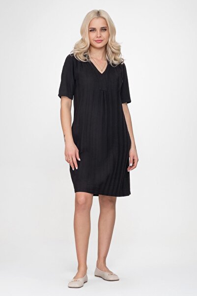 Bold & Young Pocketed Washed Cotton Stretch Fabric Dress Black Short Sleeve