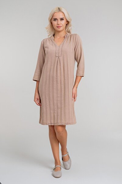 Bold & Young فستان نسائي بأكمام 3/4 مع جيوب، قماش قطني قماش مجدّل مصنوع من نسيج قطني مدمج، فستان أسطوري CAM