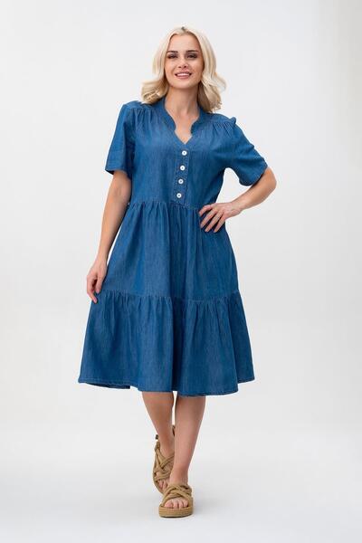 Bold & Young Women's Short Sleeve Half Placket Buttoned Drawstring Cotton Dress with Pockets Indigo Dark Blue