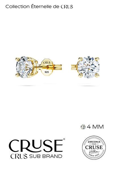 Cruse 925 Ayar Gümüş 4 MM Tektaş Küpe 14 Ayar Altın Kaplama