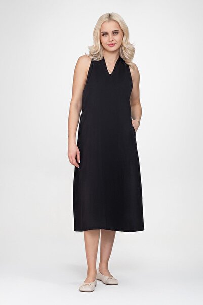 Bold & Young Women's V-Neck Pocketed Cotton Fabric Dress Black