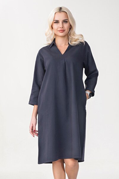 Bold & Young Women's Casual Woven Fabric Dress with Collar and Pockets, 3/4 Sleeves, Non-Shrink, Anthracite
