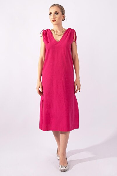 Bold & Young Rochie din bumbac cu aspect de in, de damă, de culoare fucsia, cu umeri cu fante adunate