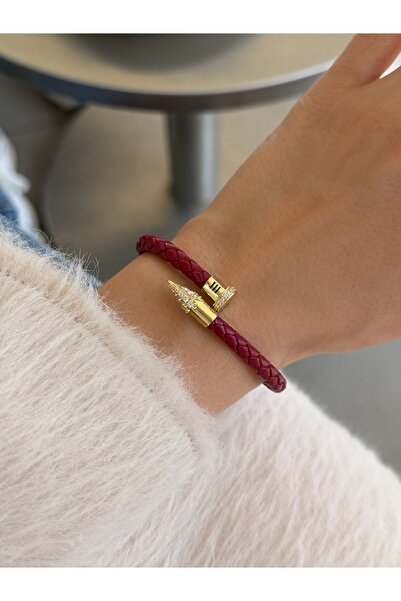 Font Burgundy Leather Gold Zircon Stone Design Bracelet