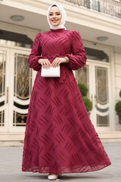 N.S NEVA STYLE Rochie Hijab Burgundy cu Motiv 5298BR