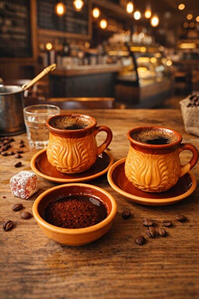 Bybaykuş طقم أكواب مزخرفة يدويًا لشخصين مع صحون للحلويات البنية اللون