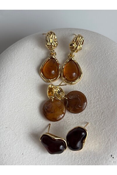 BHR AKSESUAR 3lü Kahverengi Reçine Küpe Seti