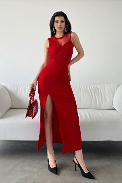 Fav Style Γυναικείο μακρύ φόρεμα με τούλι με λεπτομέρεια αμάνικο με σκίσιμο κ...