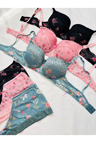 İNKO İÇ GİYİM Women's Padded and Supported Floral Pattern Petrol Green&Pink&Black 3-Piece Set Boxer Type Underwear Set