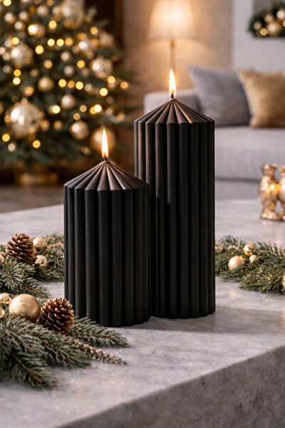homeartplus Pillar Luxury Siyah Renk Candle 2 Li Set silindir Mum