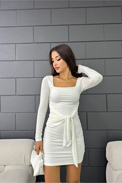 Fav Style White Mini Dress - Square Collar, Long Sleeve and Tie Detail
