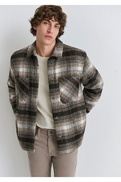 Mavi Kareli Kahverengi Ceket Oversize / Geniş Kesim 0110745-91228