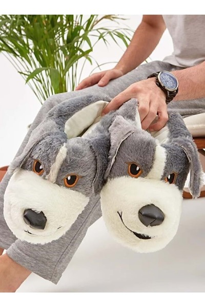 Kocamanlar Ayakkabı Kocamanlar Unisex Animal Slippers with Cute Dog Figure Gray