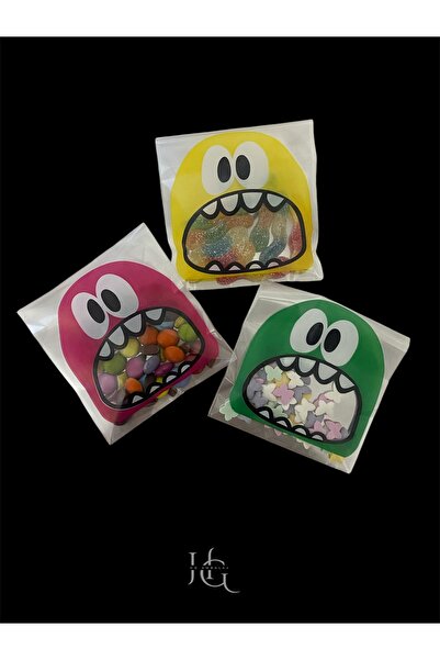 HG Tedarik 250 Adet 10x10*(4) Cm Canavar Desenli Bantlı Opp Jelatin Poşet, Ku...