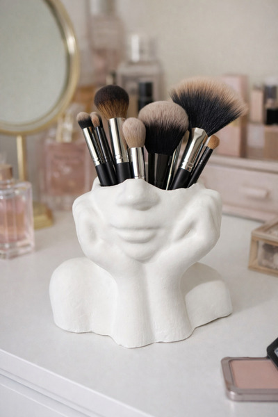 Homesinti منظم مصنوع يدويًا من مسحوق الحجر على شكل وجه وميني أزرق بلون الكوبالت |   منظم فرشاة المكياج والقلم