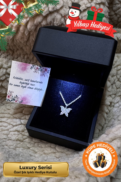 Lucente Jewellery Işıklı Hediye Kutulu 925 Ayar Gümüş Kaplama Kelebek Model Yılbaşı Kelebekli Özel Tasarım Kolye
