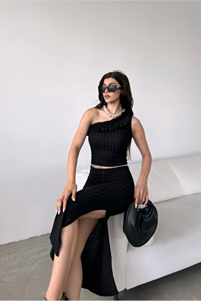 Fav Style Black Crop Blouse and Slit Skirt - One Shoulder Ruffle Detailed Set