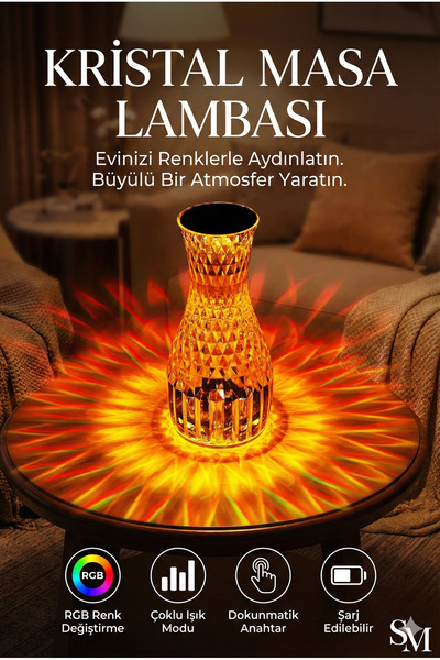 sonx Kristal Masa Lambası Rgb Renk Değiştiren Gece Lambası 16 Renk Ve 4 Mod D...