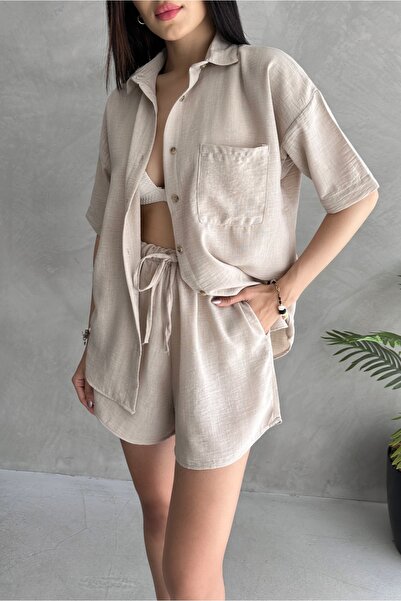 Fav Style Women's Aerobin Linen Short Sleeve Shirt and Shorts Bottom-Top Suit...