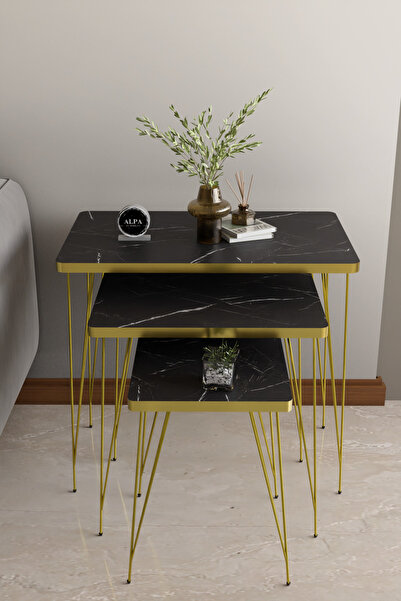 alpaevmobilya 3'lü Gold Tel Ayaklı Dikdörtgen Zigon Sehpa Takımı - Modern Sal...