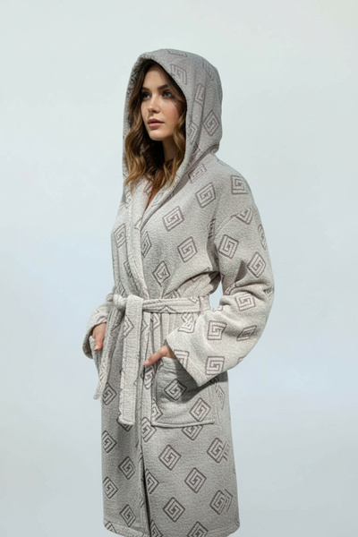 arashomecollection Organik Boyalı %100 Pamuk Bordo Oversize Çeyizlik Bornoz Geometrik Desenli Kapüşonlu