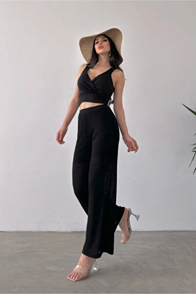 Fav Style Set de bluză și pantaloni negri fără mâneci cu guler dublu pentru f...