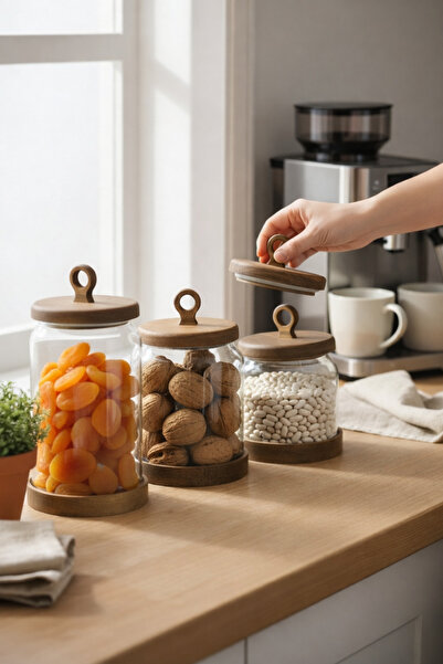 Paşabahçe 3'lü Büyük Boy Akasya Kapaklı Hava Almaz Vakumlu Cam Kavanoz Seti-S...