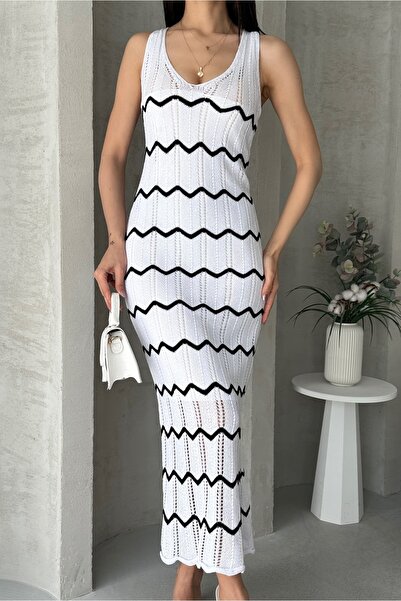 Fav Style Ženska midi haljina bez rukava sa V-izrezom i zigzag detaljima, bela