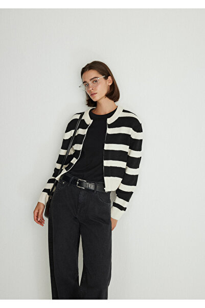 Mavi Fermuarlı Regular Kadın Ceket M1710526-85407 Siyah Çizgili