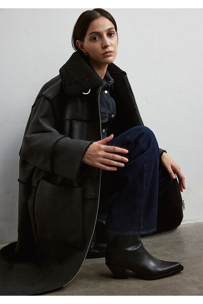 Mavi Sherpa Detaylı Suni Süet Kaban Loose Fit / Bol Rahat Kesim 1110572-900