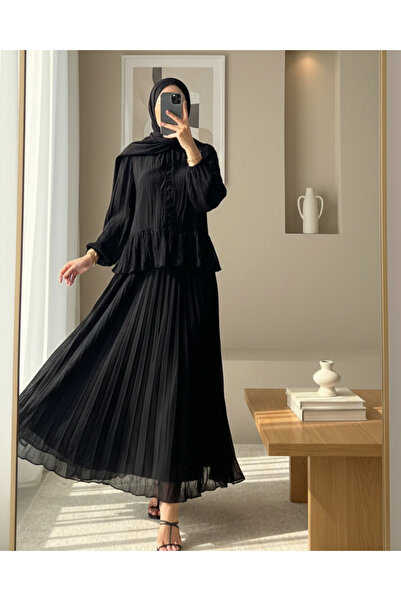 Modamorfo Σετ φούστας Chiffon Crash με βολάν και κουμπιά στο γιακά - Μαύρο