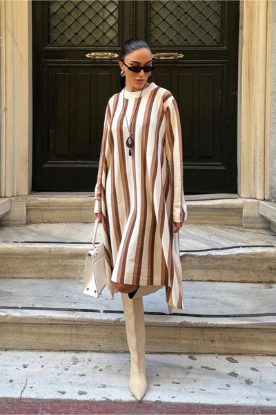 Fav Style Γυναικείο φόρεμα με μακρύ μανίκι με ασύμμετρη φούστα ριγέ χαλαρό κο...