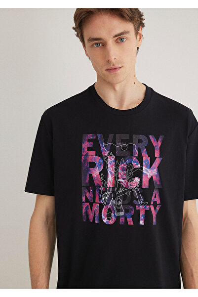 Mavi Rick and Morty Baskılı Siyah Tişört Loose Fit / Bol Rahat Kesim 0611683-900