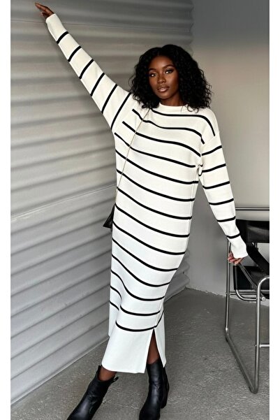 merlavin Ženska haljina sa bočnim prorezima, udoban kroj, duga Prugasto Plete...