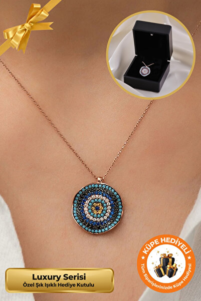 Lucente Jewellery Işıklı Hediye Kutulu Nazar Boncuklu 925 Ayar Rose Gümüş Kaplama Nazar Boncuğu Kadın Kolye