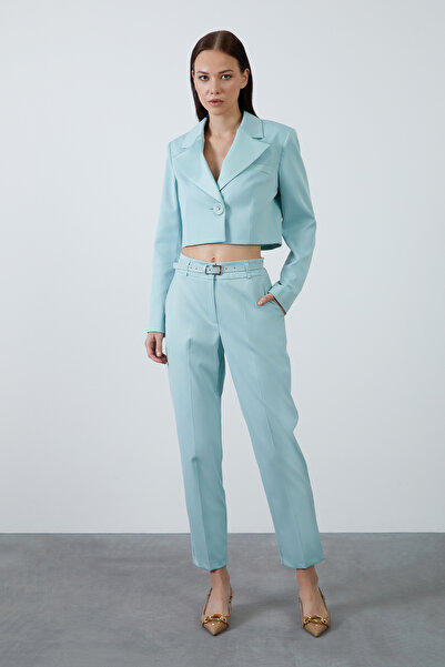 Mint Color Square Collar Stone Detailed Midi Size Pencil Dress and Satin Collar Detailed Short Jacket Set