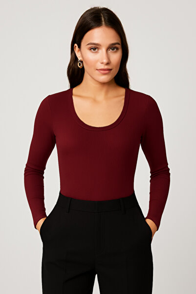 MİO ESTİLO Bluză de damă material reiat Havuz Yaka tricotaj cu striații Roșu ...