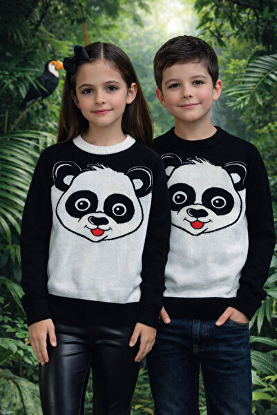 kid of knit Panda Desen Unisex Bisiklet Yaka Kazak