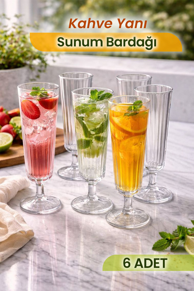 Karçiçeği Home 6'lı Cam Flüt Model Kahve Yanı Su Bardağı - Dekoratif Sunum Se...