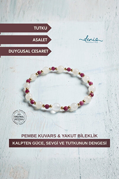 Deniz Doğal Taş Sertifikalı Pembe Kuvars & Yakut Bileklik – Kalpten Güce, Sev...