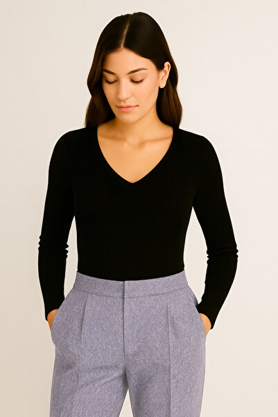 MİO ESTİLO Novelle V Yaka Uzun Kol Fitilli Bluz