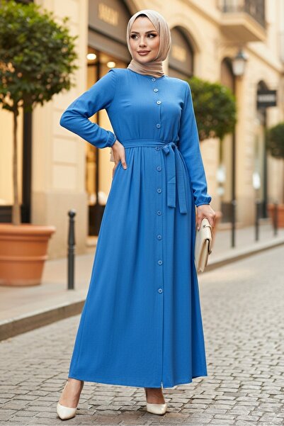 Bestenur Esnel Kuşaklı Elbise  1366 - İndigo