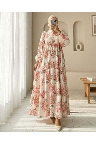 Modamorfo Φόρεμα Modal με μοτίβο με μισό κουμπί με ελαστική μανίκια - Άνθος ρόδι