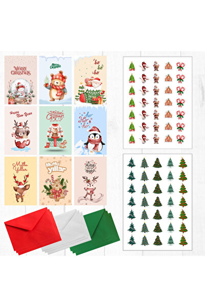 Bimotif 20-Piece Christmas Postcard, Envelope, and Sticker Set (9 Postcards, 9 Envelopes, 2 Sheets of Stickers)