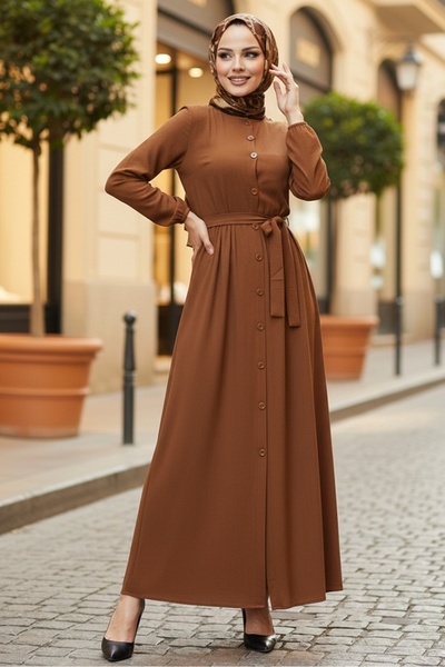Bestenur Esnel Kuşaklı Elbise  1366 - Kahve